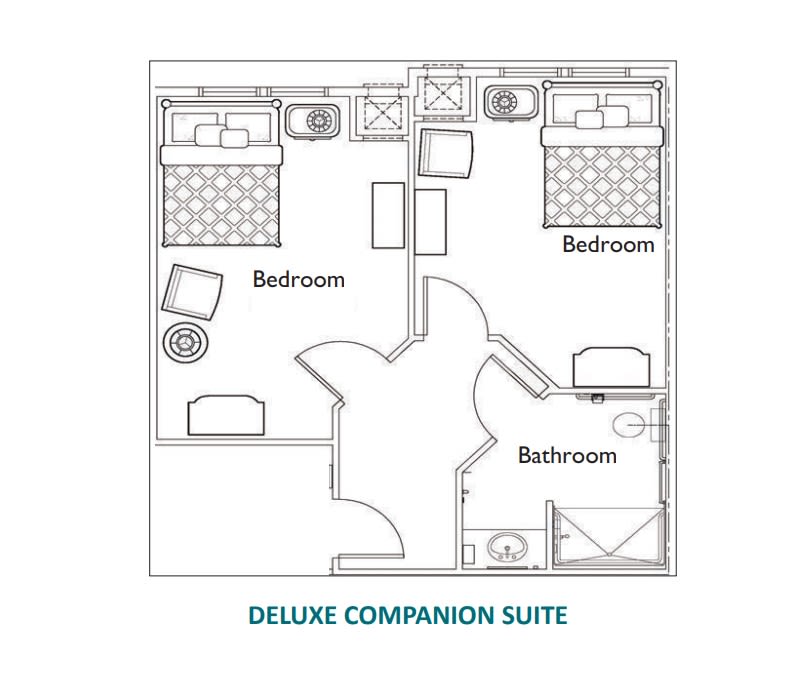 Floor plan of a deluxe companion suite featuring two bedrooms and a shared bathroom.
