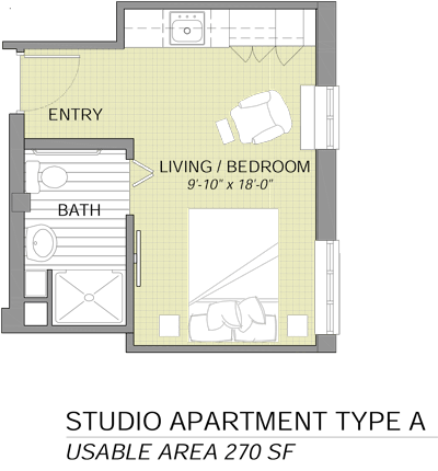 A floor plan of a studio apartment showing the entry and combined living/bedroom space.