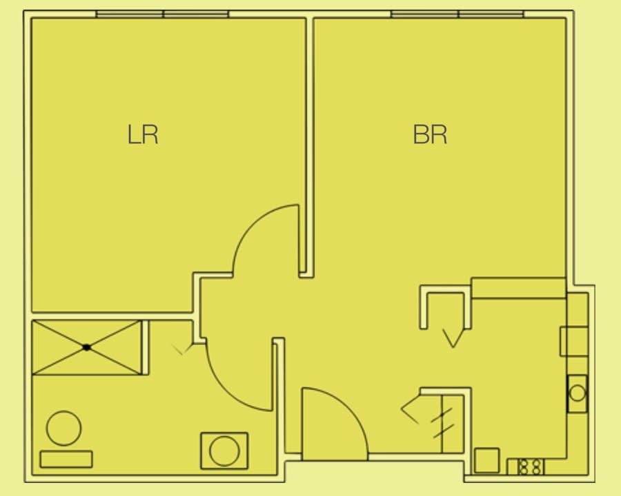 A simple floor plan showing a layout with a living room and a bedroom.