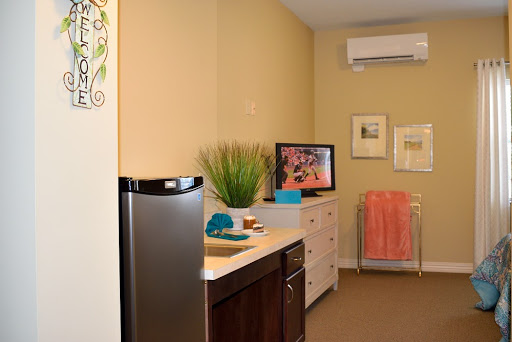 A cozy living area featuring modern furniture, a small refrigerator, a television, and decorative elements.