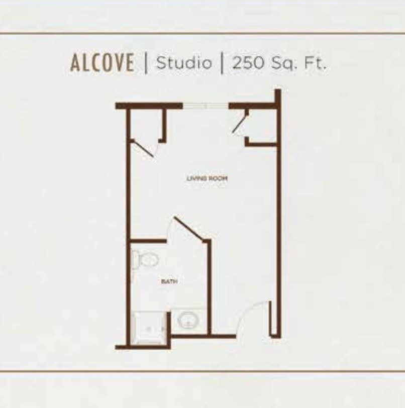 Alcove studio apartment floor plan, 260 square feet.