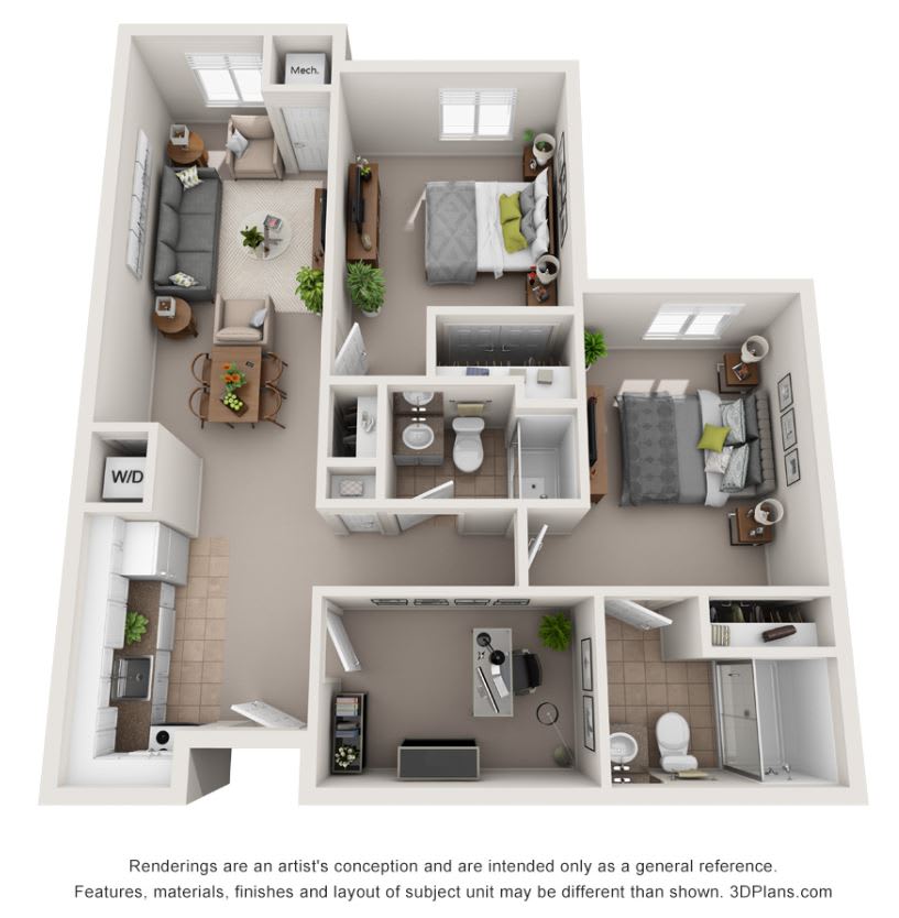 A 3D floor plan of a two-bedroom apartment featuring a kitchen, living room, dining area, and two bathrooms.