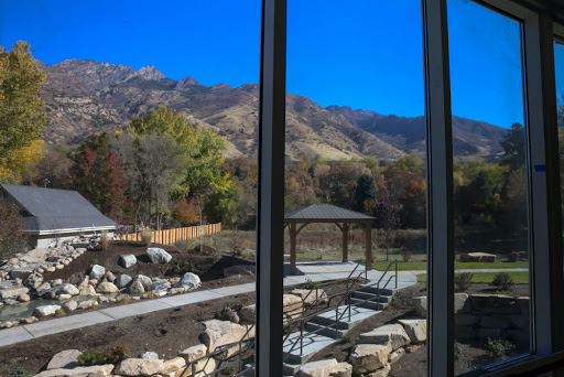A serene view of mountains and a park from a modern building.
