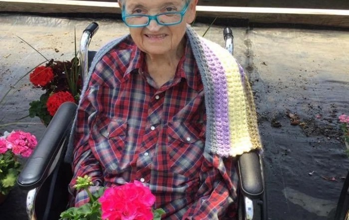 An elderly person wearing glasses and a plaid shirt sits in a wheelchair holding a flower outdoors.