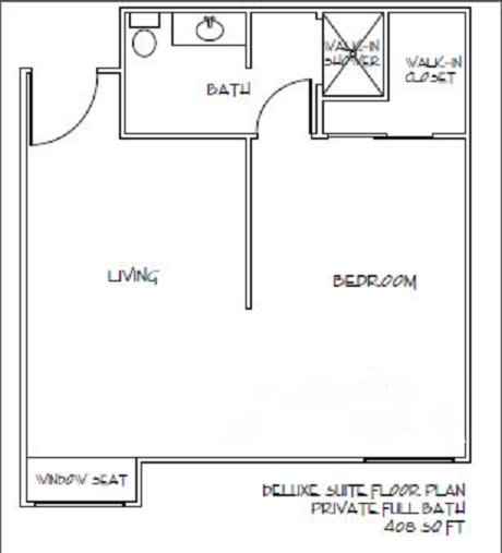 A simple floor plan layout featuring a bedroom, bathroom, and living area.