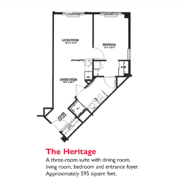 The Heritage: A floor plan for a three-room suite with dining room, living room, bedroom, and entrance foyer.