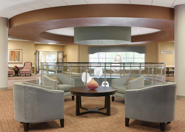 A modern lounge area with comfortable seating and stylish decor.