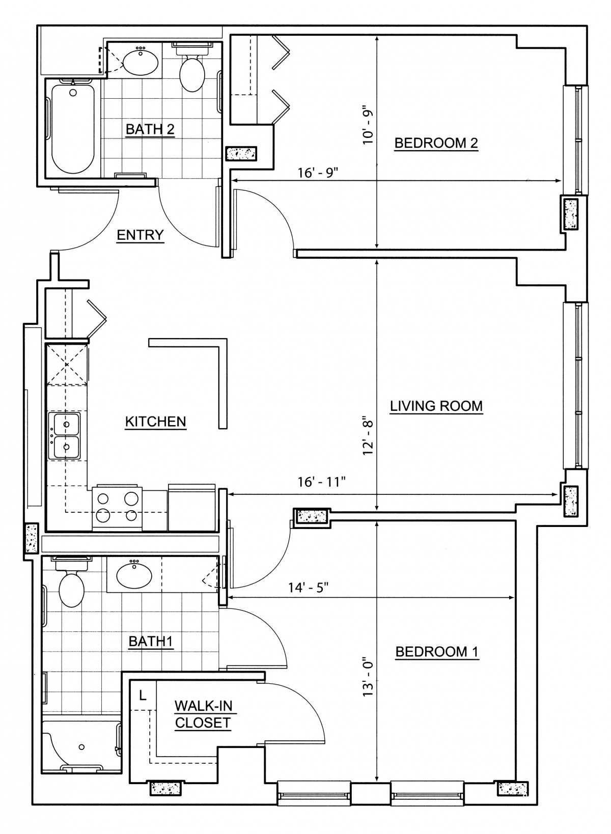A blueprint of a residential apartment floor plan featuring two bedrooms, a living room, kitchen, and bathroom.