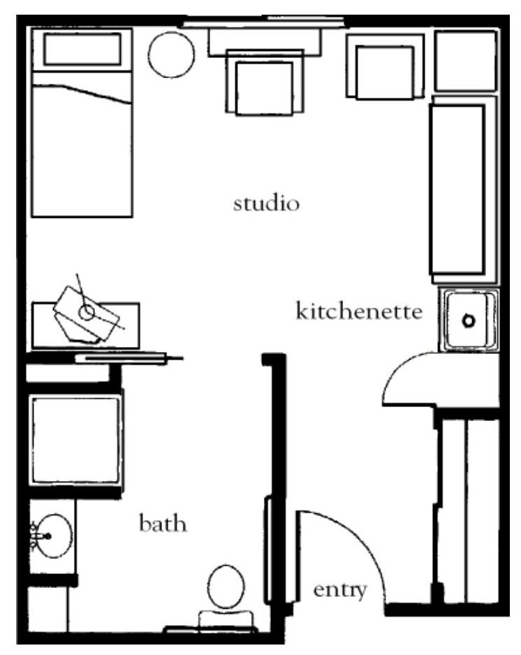 Floor plan of a compact studio apartment with separate kitchenette and bathroom.