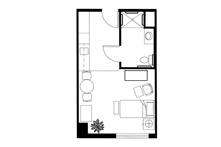 A floor plan of a compact studio apartment with designated areas for living, sleeping, and a bathroom.