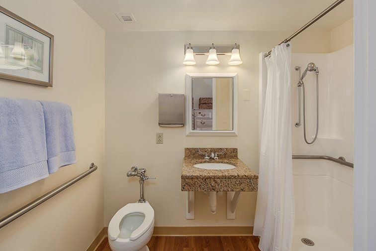 A clean, well-lit bathroom with a sink, toilet, mirror, and shower.