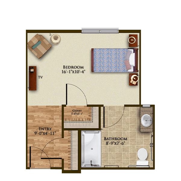 A floor plan of a one-bedroom apartment featuring a living area, kitchen, and bathroom.