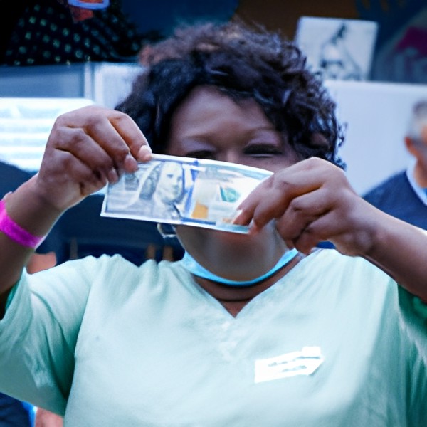 A woman holding a US dollar bill at an outdoor event.