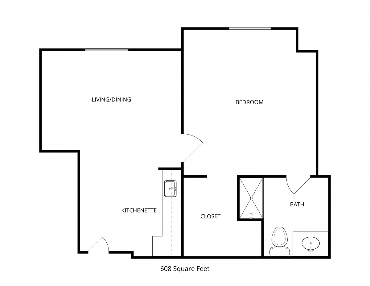 A simple floor plan of a one-bedroom apartment with a kitchen, living/dining area, closet, and bathroom.