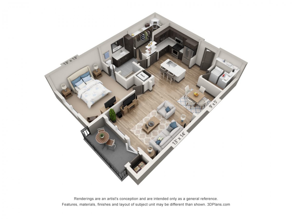 A 3D rendered floor plan of a modern apartment, showcasing the layout and furniture arrangement.