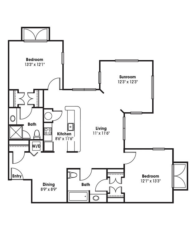 A detailed floor plan of a residential apartment featuring three bedrooms, two bathrooms, a kitchen, dining area, and living space.