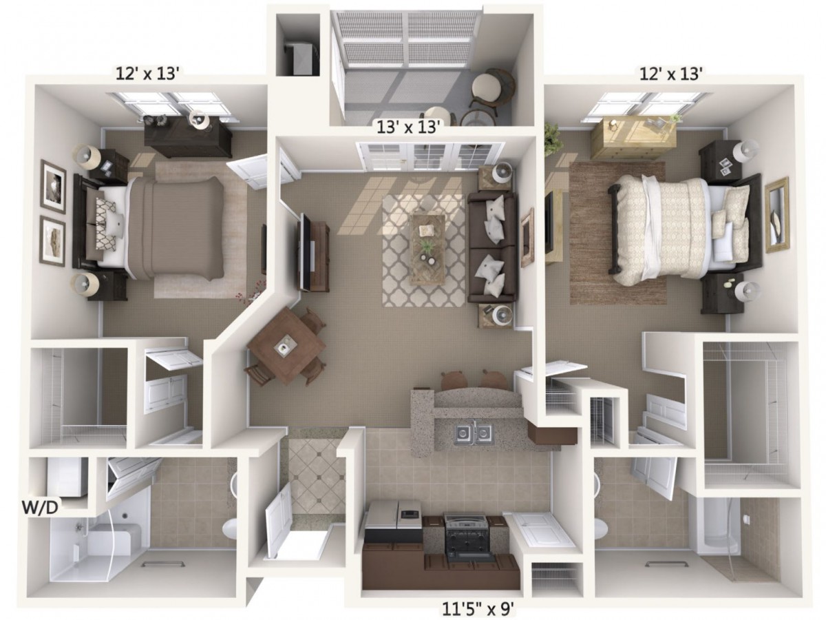3D floor plan of a two-bedroom apartment with a living room, kitchen, and two bathrooms.