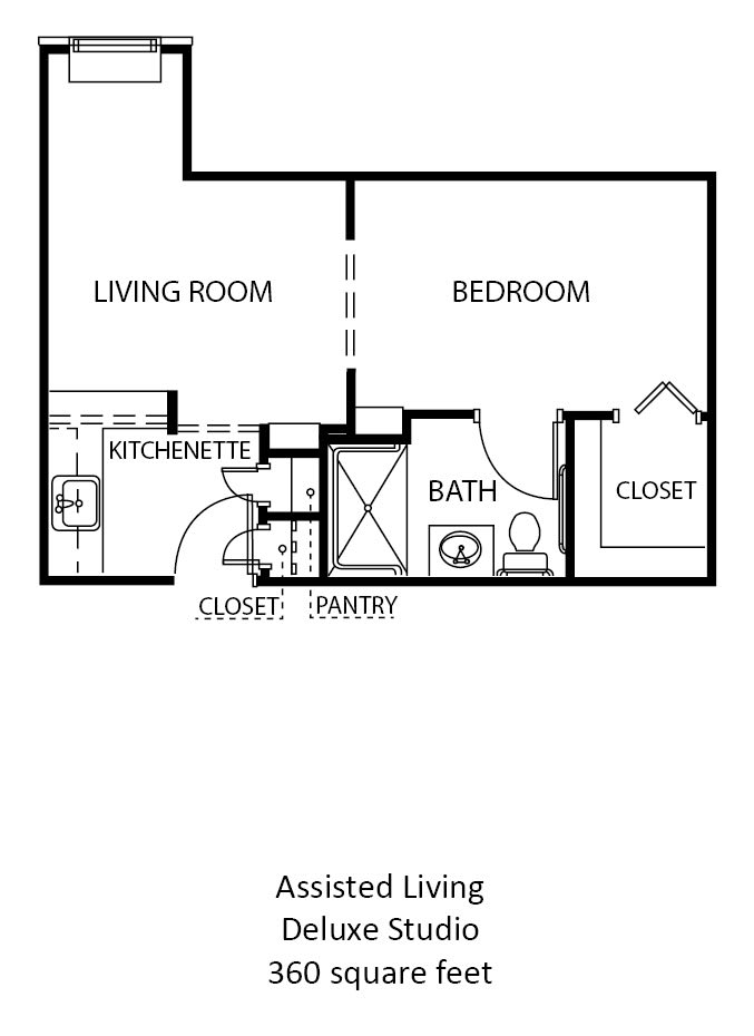 Floor plan of an assisted living apartment featuring a living room, bedroom, kitchenette, bathroom, and closet.