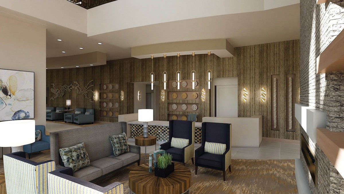 Modern lobby with stylish seating and elegant lighting.