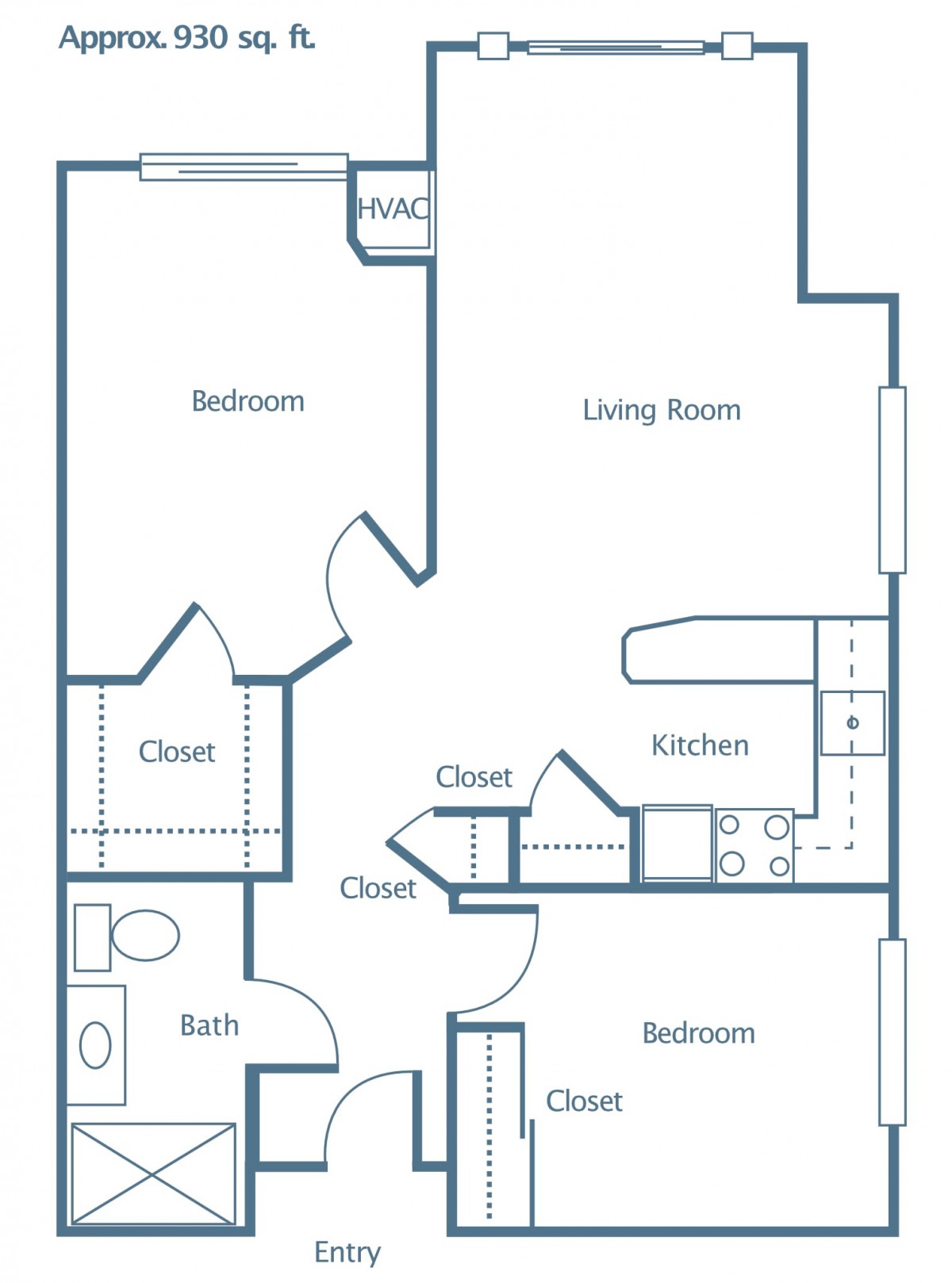An apartment floor plan featuring two bedrooms, a bathroom, kitchen, and living room.