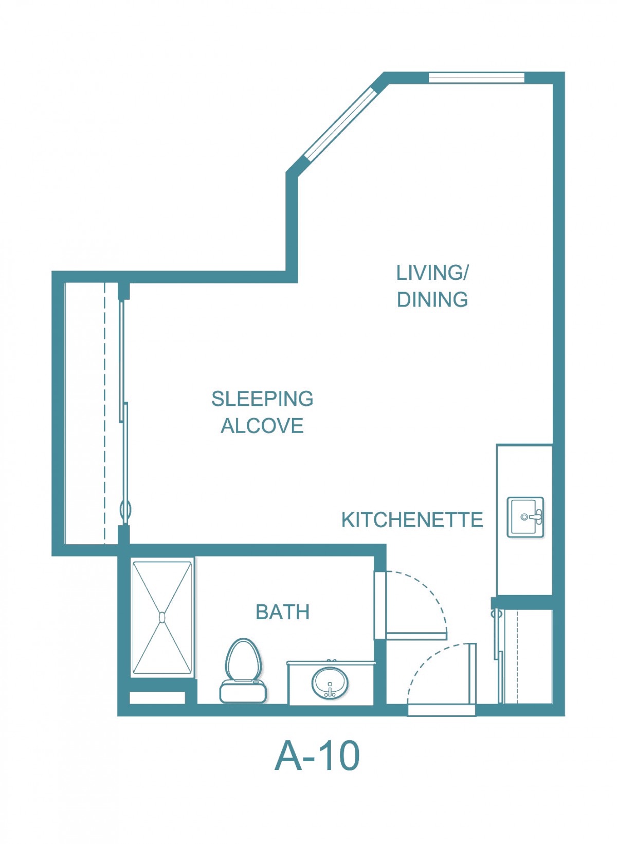 Studio apartment floor plan with a sleeping alcove, kitchenette, and living/dining area.