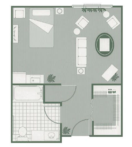 A simple floor plan illustrating the layout of a one-bedroom apartment.