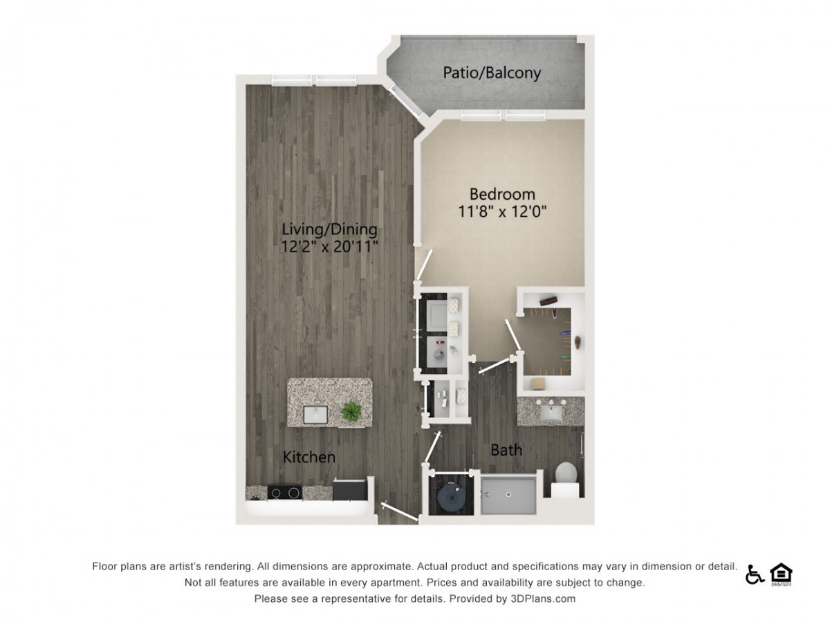 A floor plan of a one-bedroom apartment featuring a living room, kitchen, bathroom, and patio/balcony.
