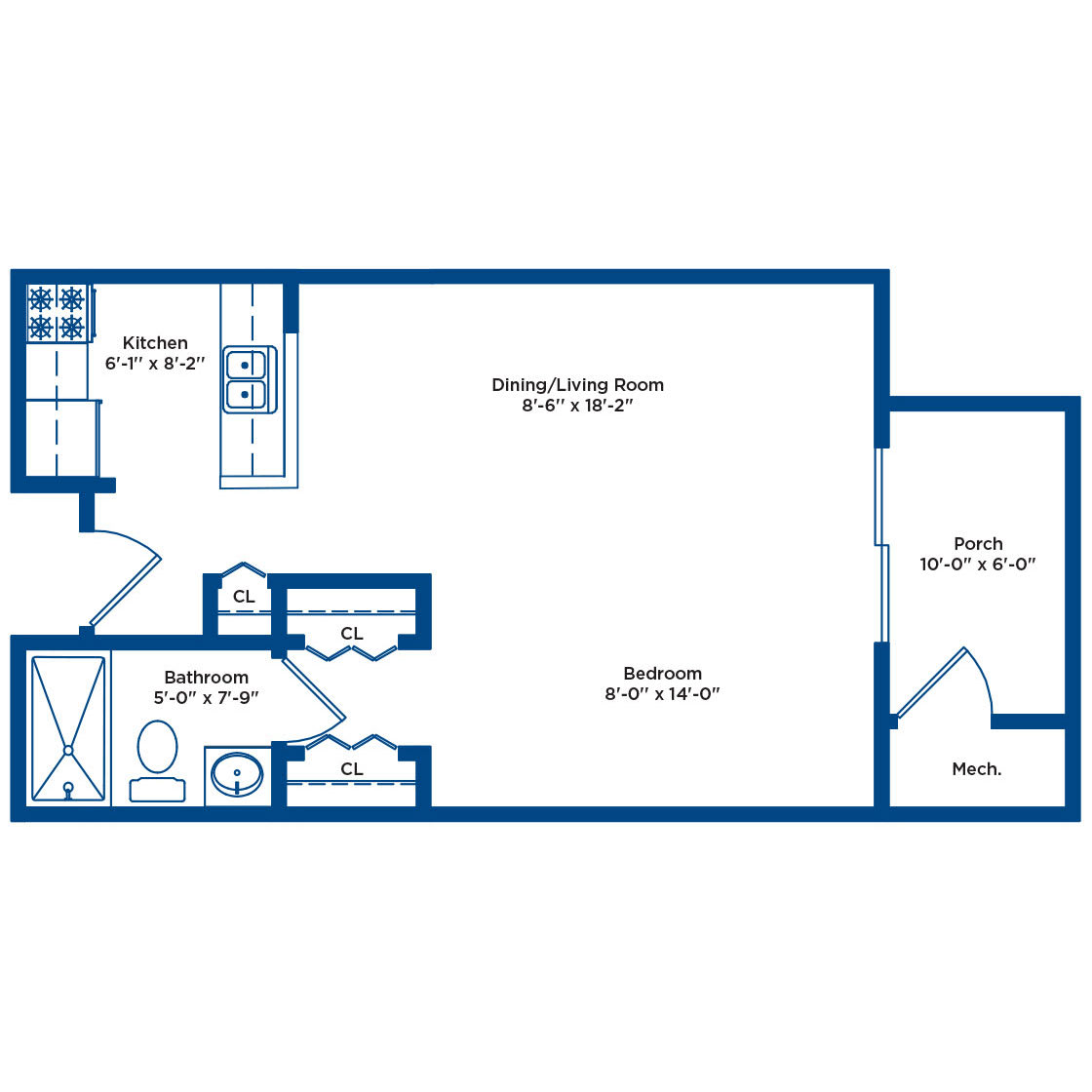 A floor plan of a studio apartment showing the arrangement of rooms including a kitchen, bathroom, and living/sleeping area.