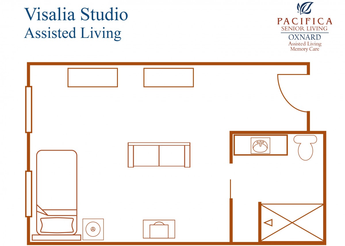 A floor plan of a studio apartment designed for assisted living.