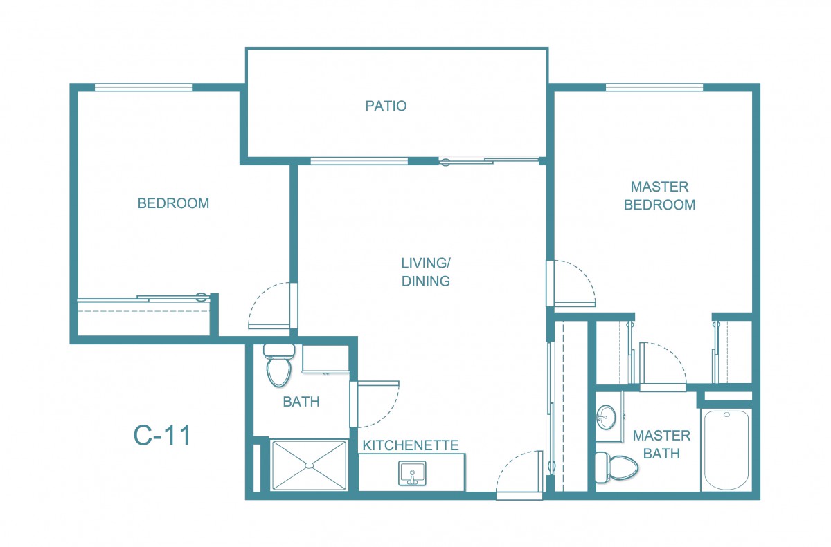 A floor plan of an apartment featuring two bedrooms, a living/dining area, kitchenette, two bathrooms, and a patio.