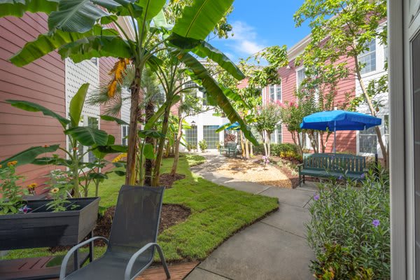 A tranquil courtyard garden with lush greenery, seating areas, and a sun umbrella on a bright day.
