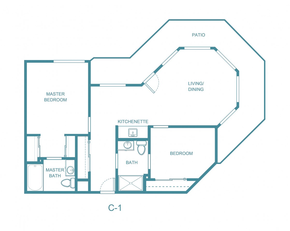 An architectural floor plan of an apartment, showing the arrangement of rooms including a living room, bedroom, kitchen, and bathrooms.