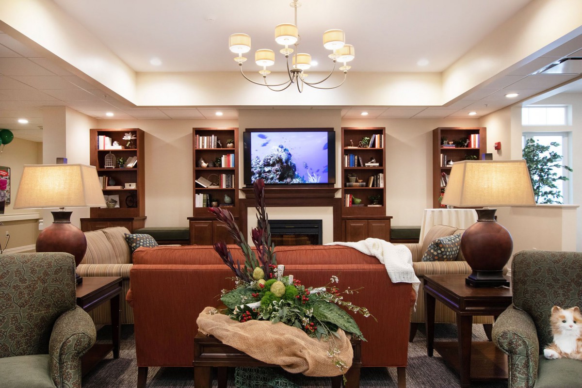 A cozy living room featuring a television, bookshelves, and comfortable seating.