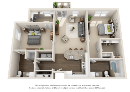 A 3D floor plan of a two-bedroom apartment featuring an open living area, kitchen with island, two bathrooms, and balcony.