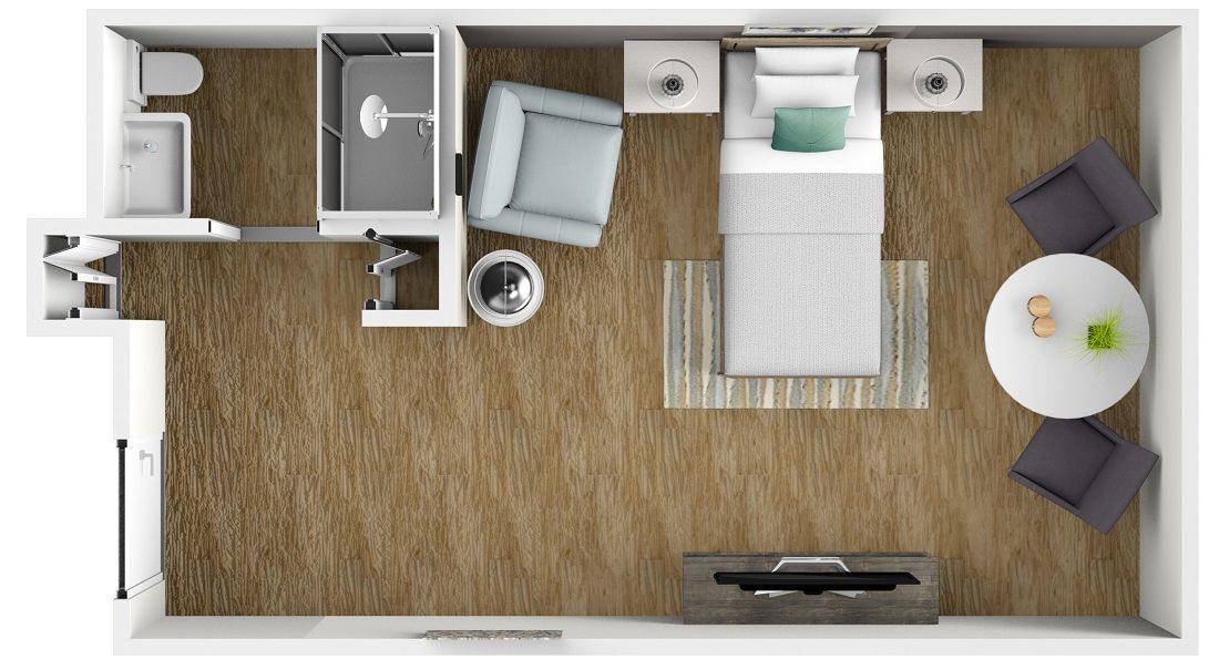 A top-view floor plan of a bedroom with modern furniture arrangement.