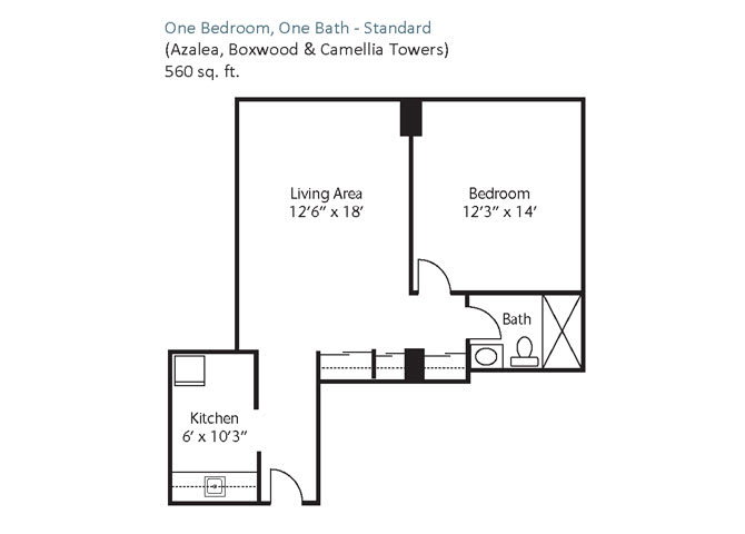 A floor plan of a standard one-bedroom, one-bathroom apartment with dimensions for the living area, bedroom, and kitchen.