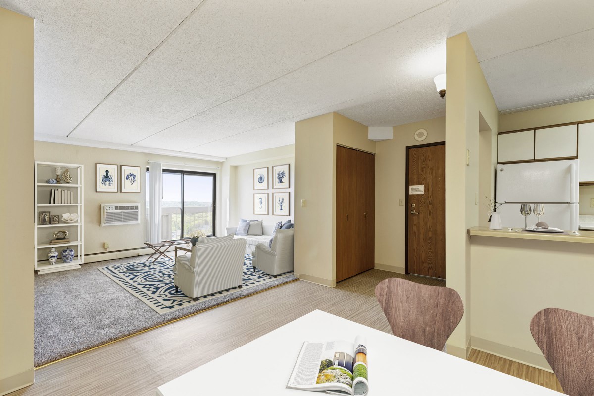 A modern apartment interior with a cozy living room and dining area.