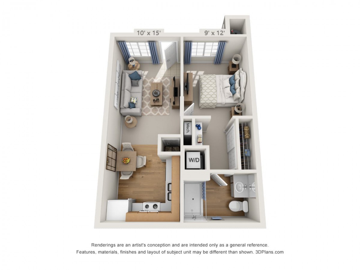 3D rendered floor plan of a two-bedroom apartment with living room and kitchen.