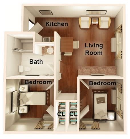 A floor plan of a two-bedroom apartment featuring a kitchen, living room, and bathroom.