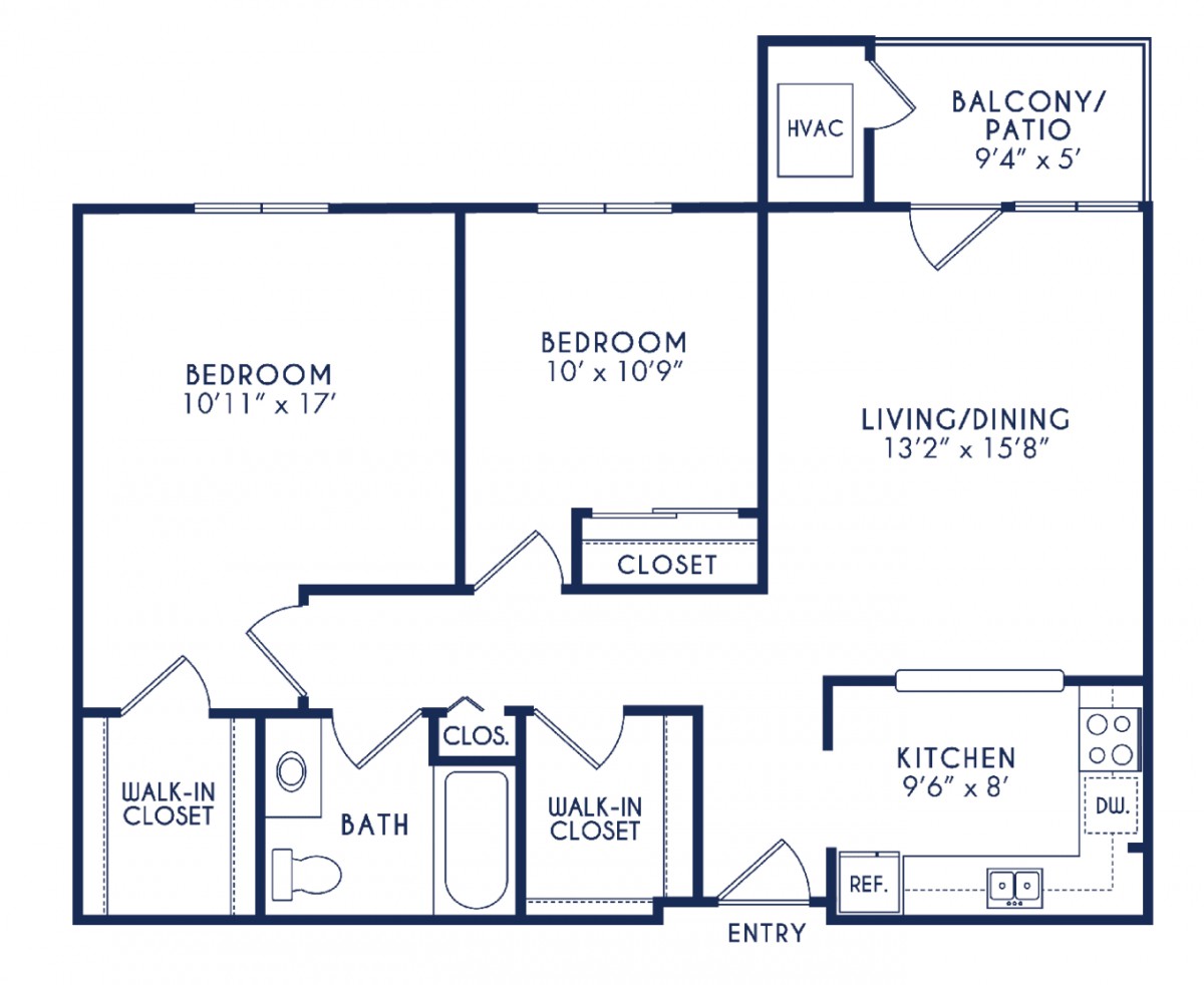 Two-bedroom apartment floor plan with living room, kitchen, and balcony.