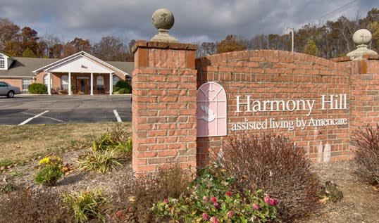Entrance sign for Harmony assisted living facility.
