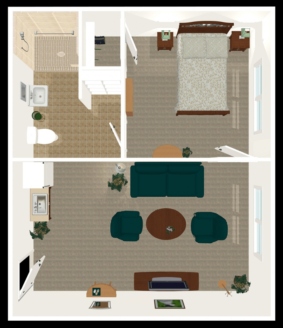 A simple apartment floor plan featuring a bedroom, living room, and bathroom.