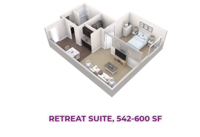 3D floor plan of a Retreat Suite, ranging from 542 to 600 square feet.