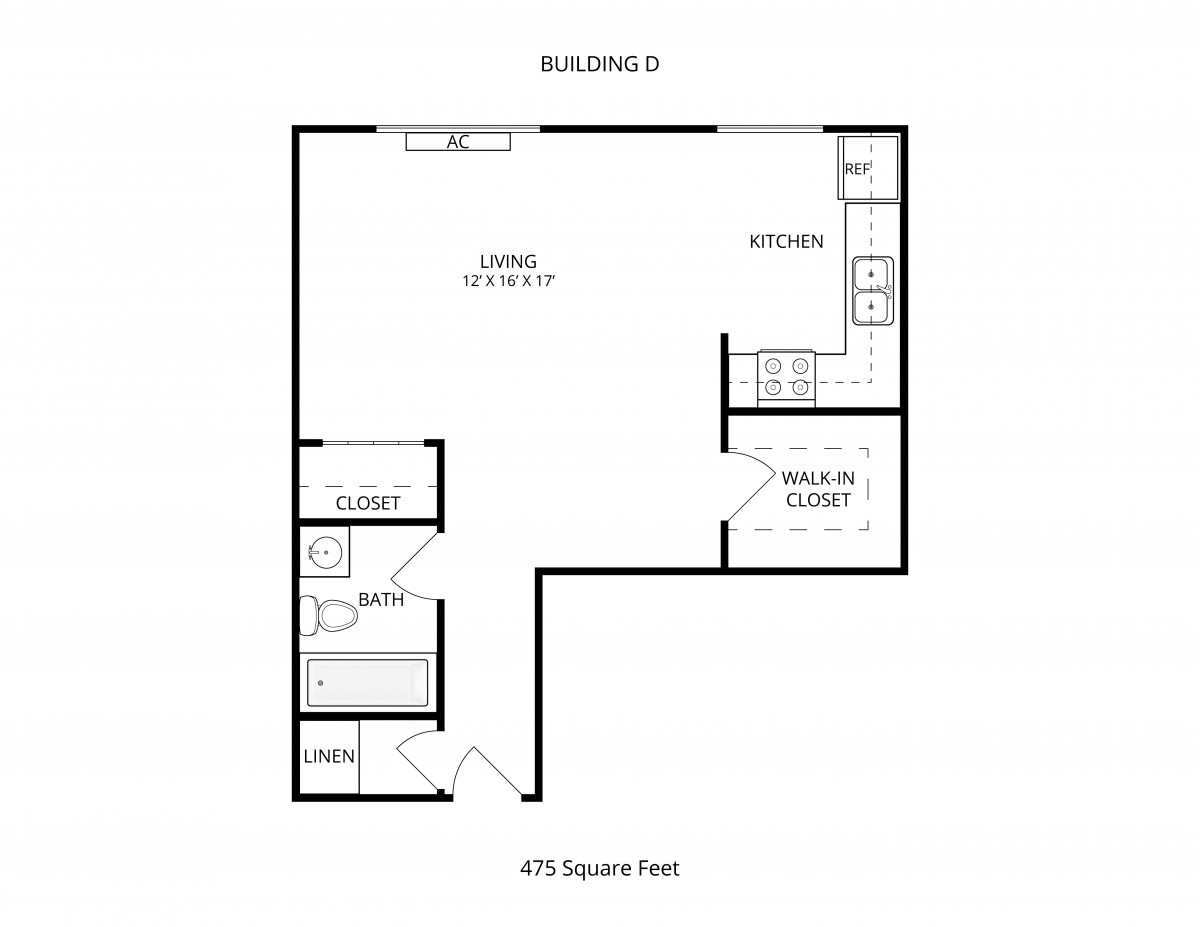 A floor plan of a 470 square foot studio apartment with labeled areas including kitchen, closet, and bathroom.