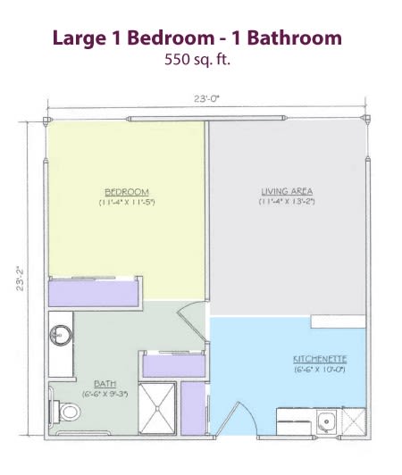 Floor plan of a large 1 bedroom, 1 bathroom apartment measuring 550 square feet.