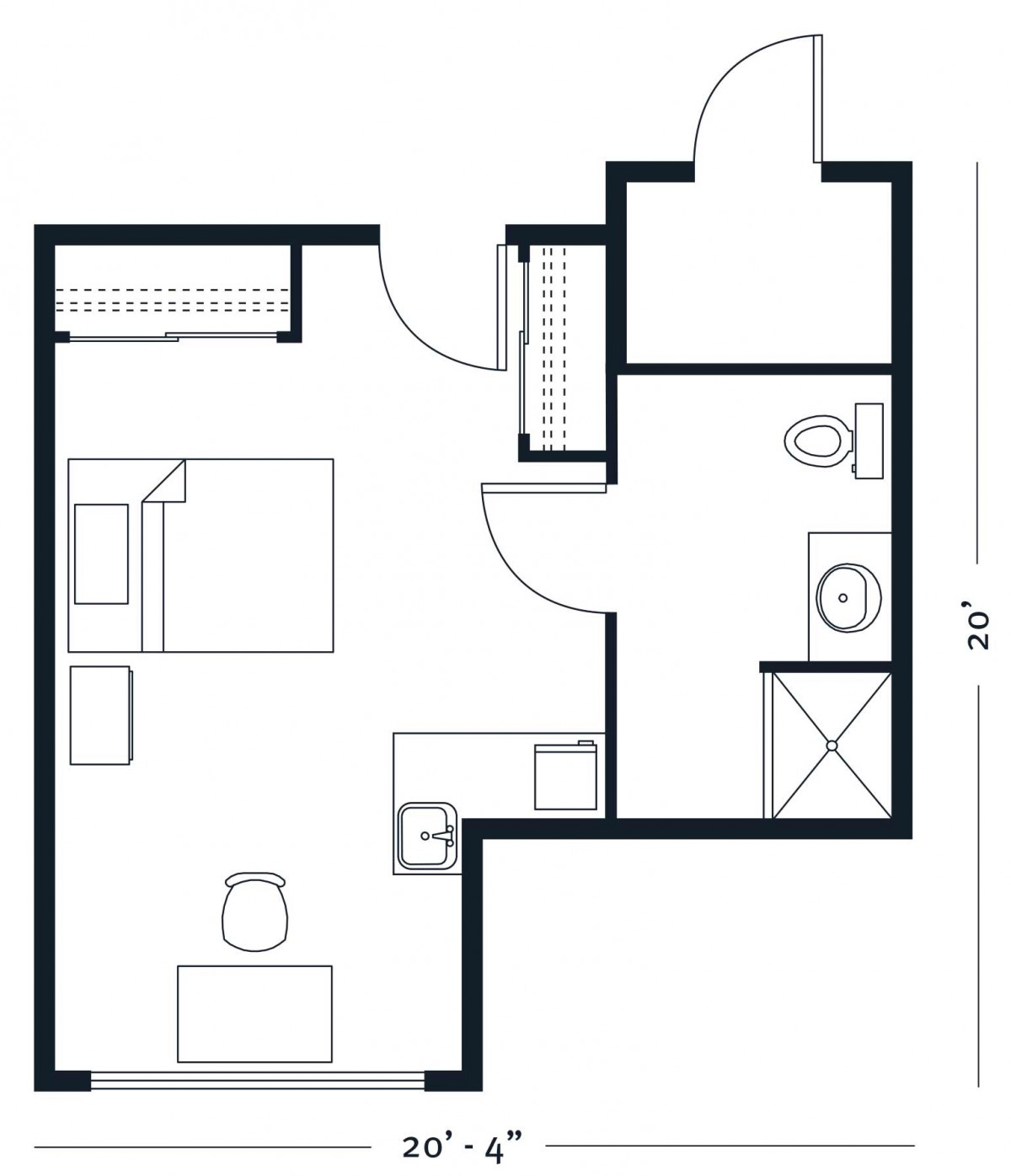 A floor plan of a compact studio apartment with designated areas for sleeping, living, and a bathroom.