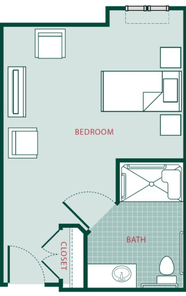 A floor plan showing the layout of a bedroom and bathroom.
