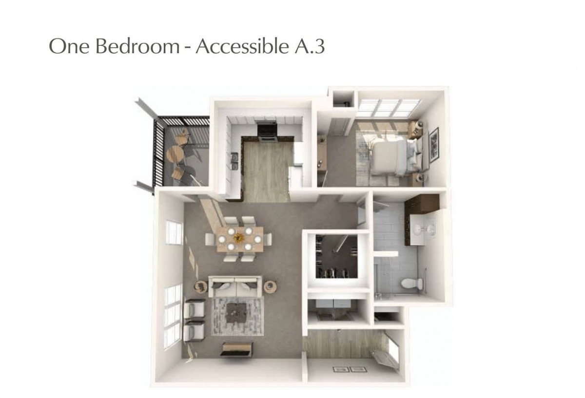 Floor plan of a one-bedroom accessible apartment, model A.3.