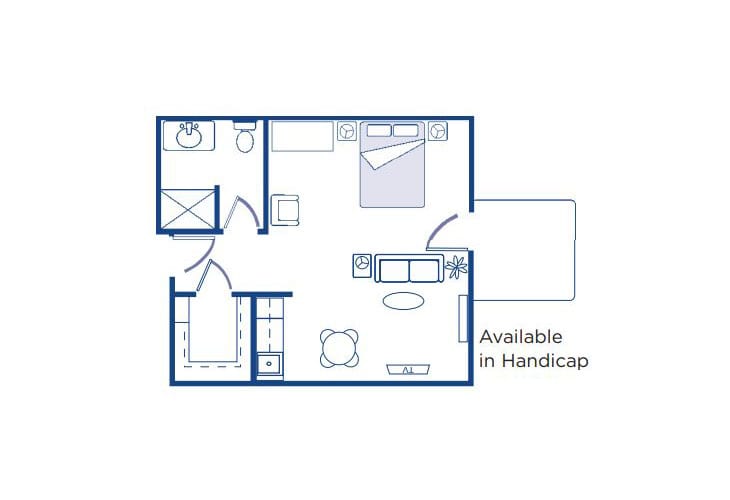 A floor plan of a one-bedroom apartment, featuring a living room, kitchen, bathroom, and bedroom, with accessibility options available.