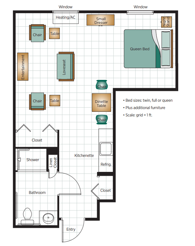 This floor plan illustrates a one-bedroom apartment with designated areas for the living room, kitchen, bathroom, and closets.